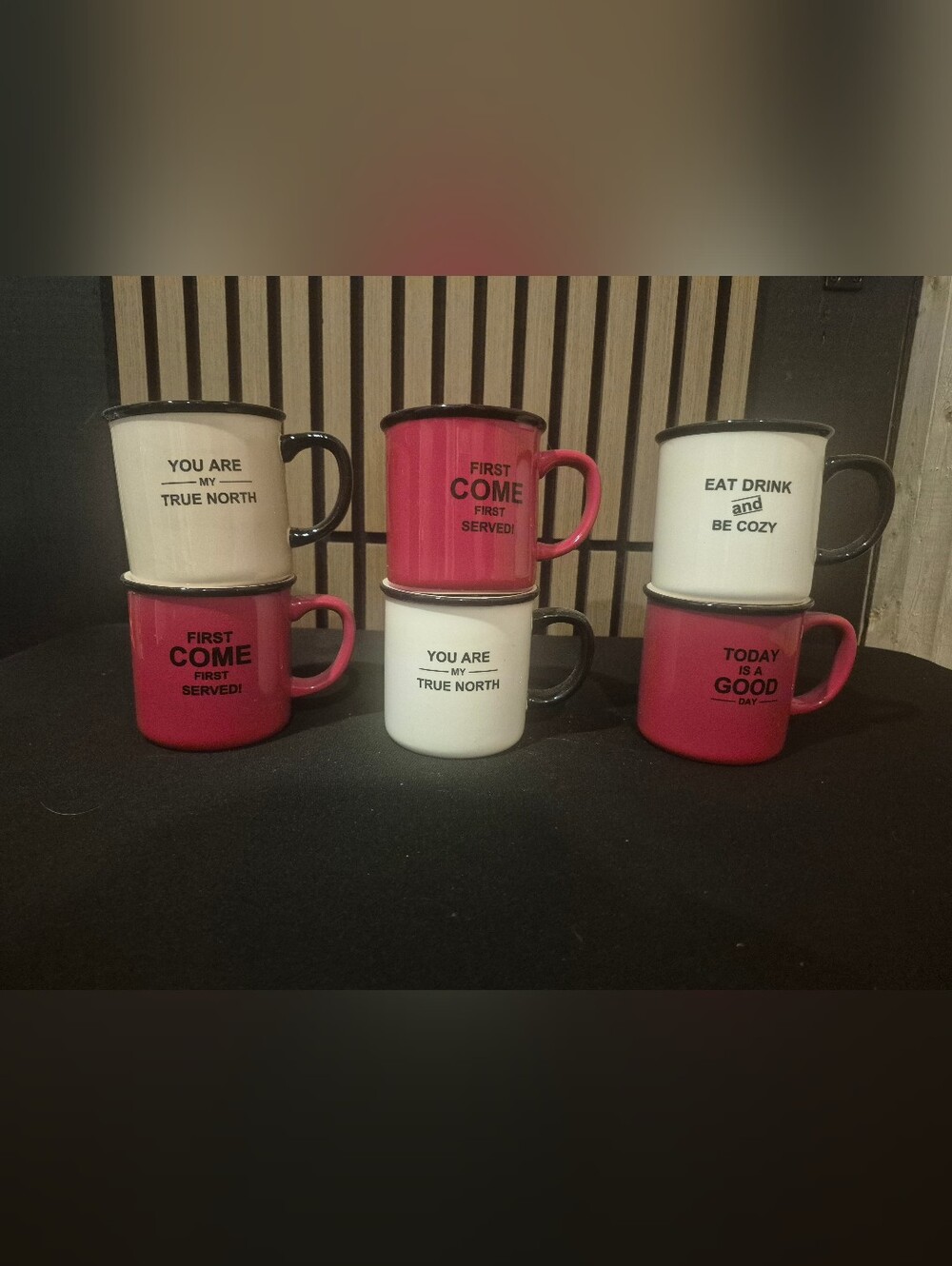 6 Canadiana Red and White Enamel Coffee Mugs - Motivational Text Set